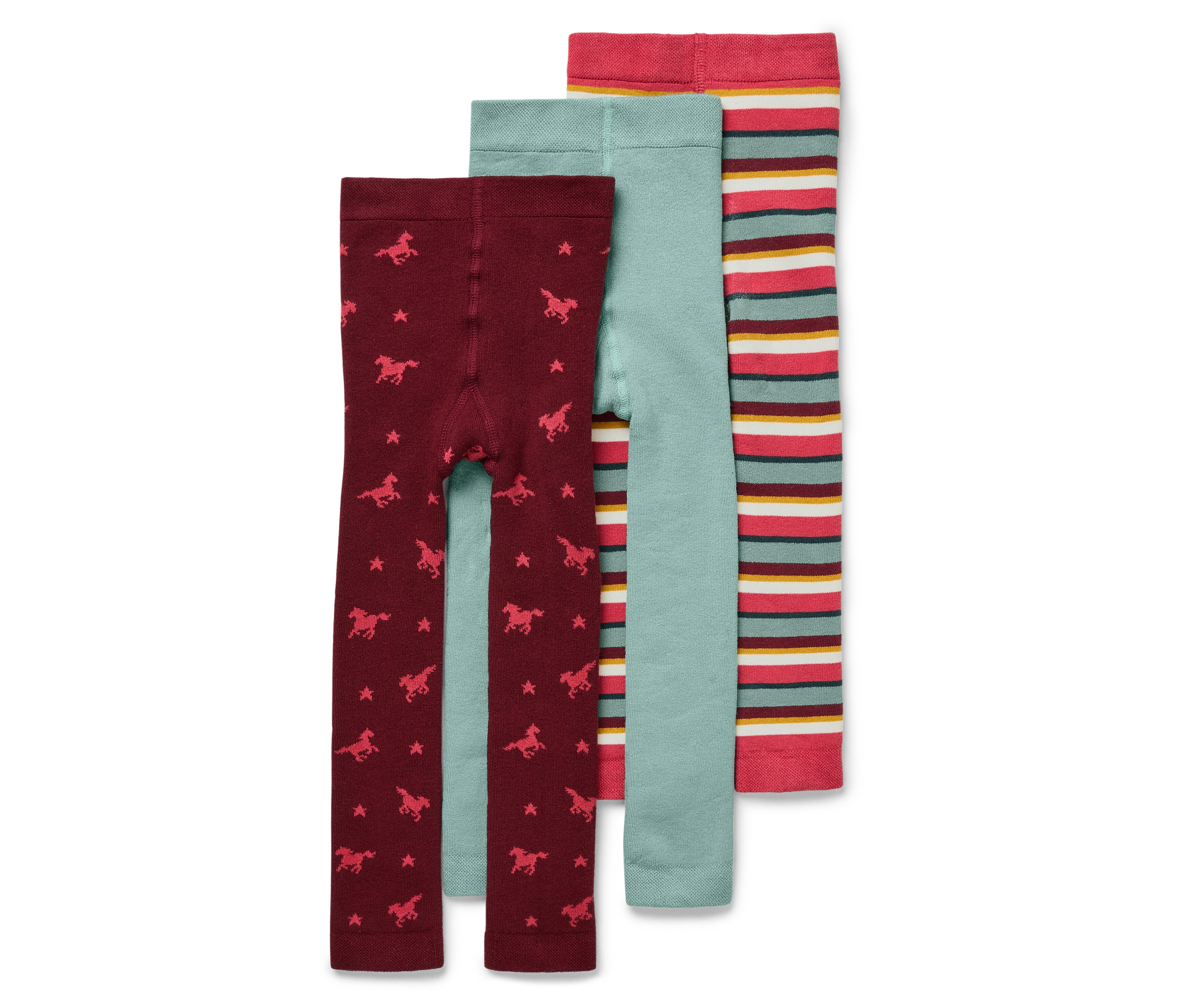 Troje detských legín: bordové s hviezdami a koňmi, svetlomodré a pruhované.