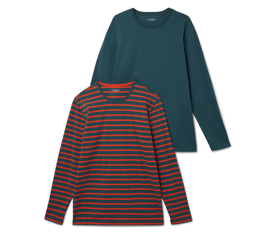 Dve tričká s dlhým rukávom: jedno zelené a jedno s červenými pruhmi na tmavosivom pozadí.