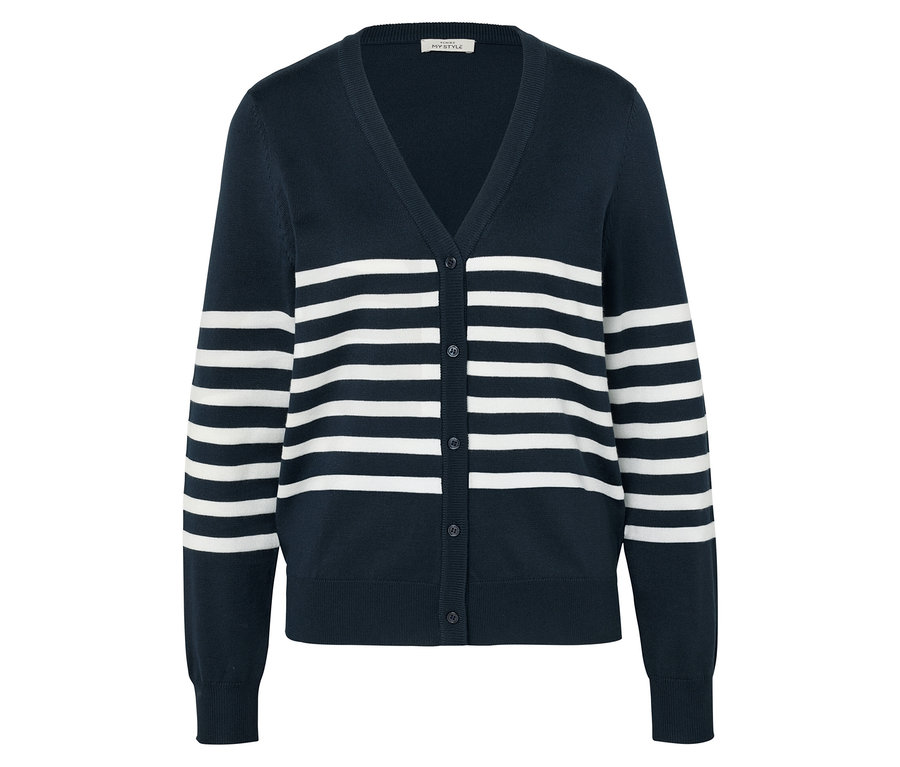 Námornícky modrý pletený kardigán s bielymi pruhmi.