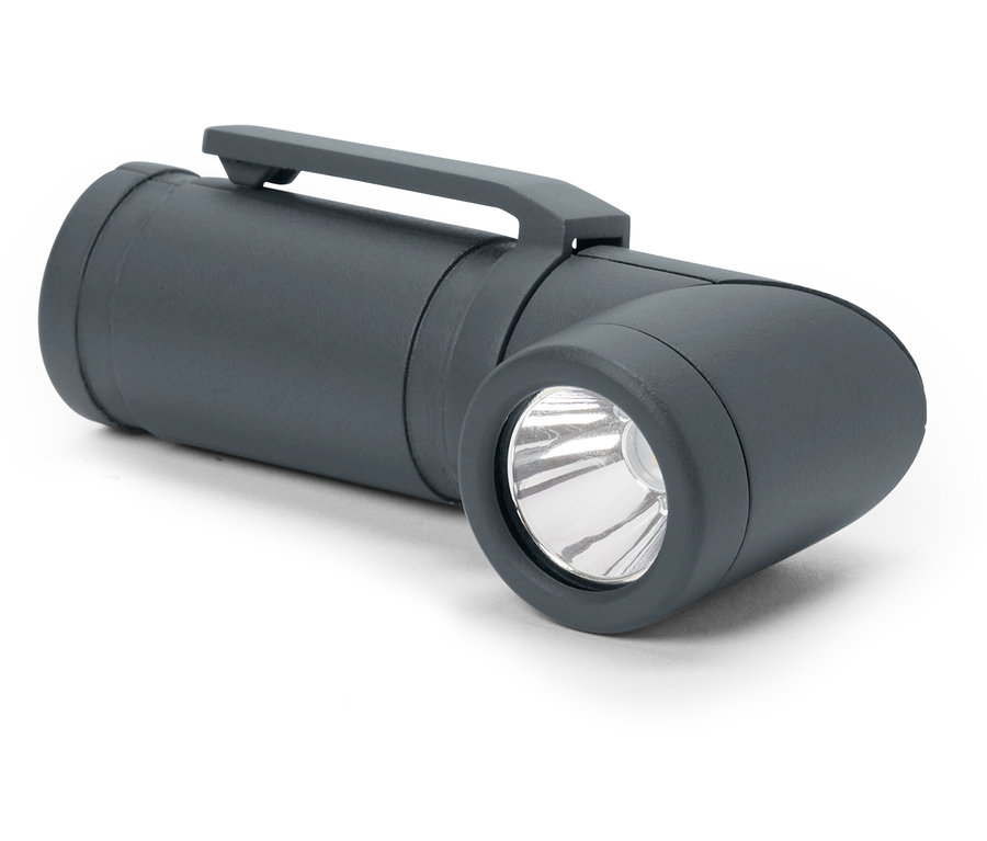 Detail šedého 2-v-1 LED multifunkčného svetla na bielom pozadí.