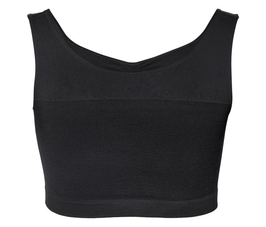 Čierny športový top bez rukávov, zobrazený spredu.