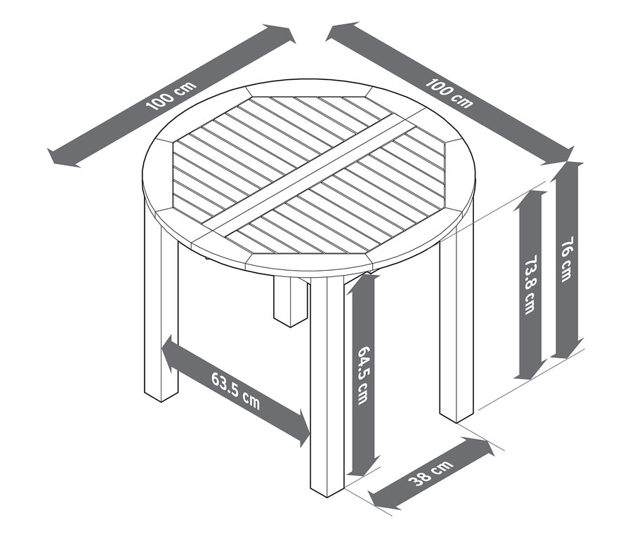 Nákres okrúhlo-oválneho rozťahovacieho záhradného stola, cca 100 až 150 cm, s rozmermi.