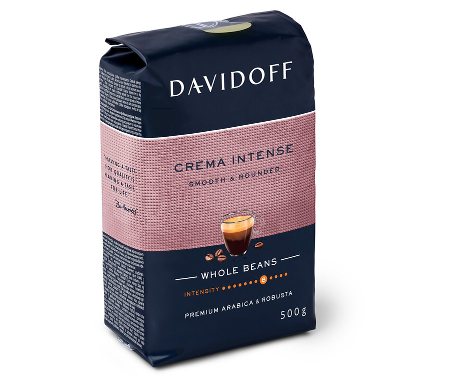 Balenie kávy Davidoff Crema Intense Whole Beans stojí na bielom pozadí.