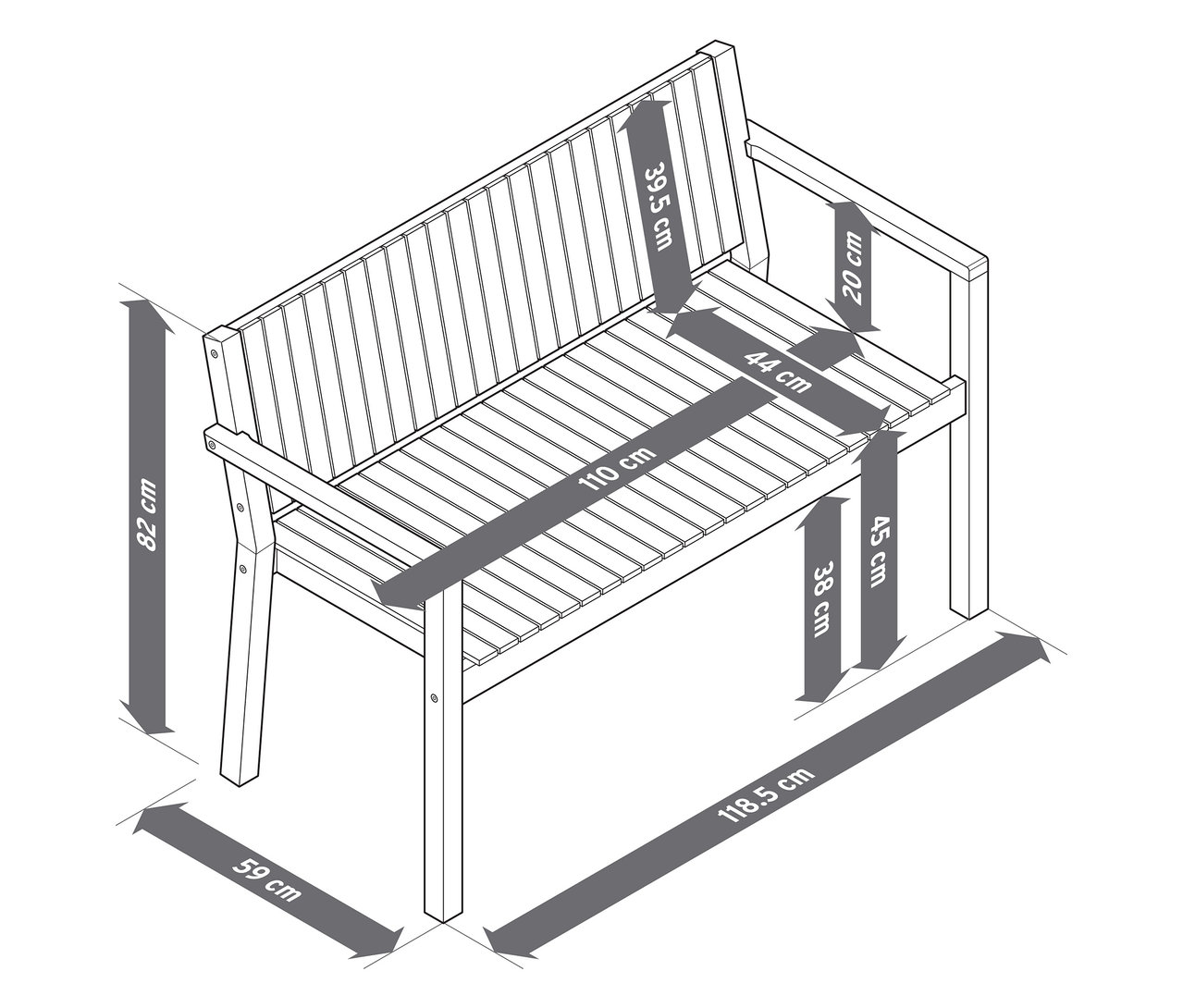 Ilustrácia záhradnej lavice s dĺžkou približne 120 cm s rozmermi.