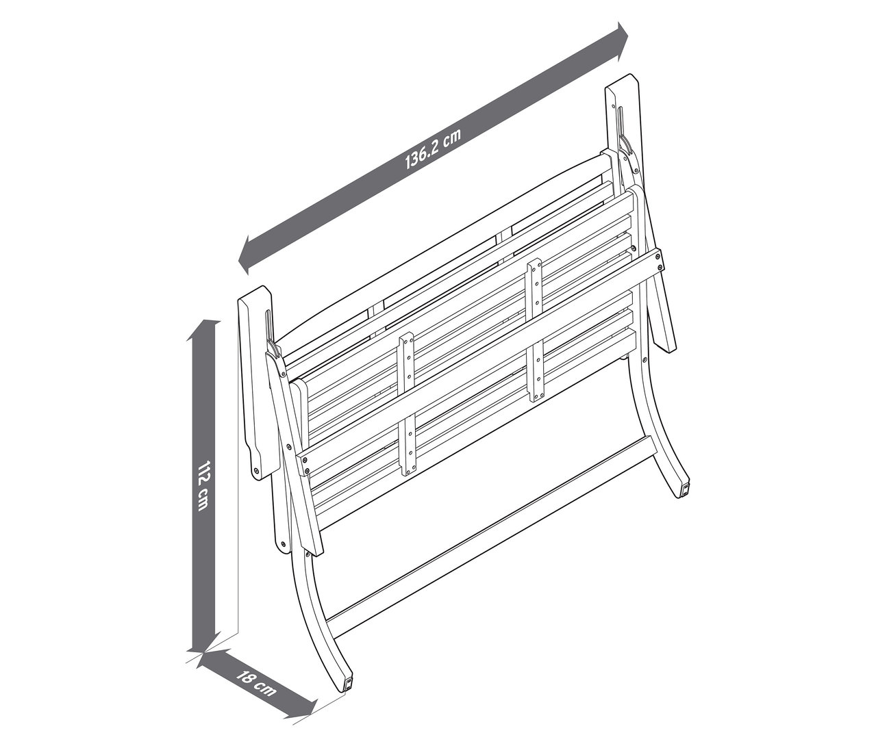 Ilustrácia skladacej záhradnej sedacej súpravy s prémiovými vankúšmi, 4-dielnej, s rozmermi.