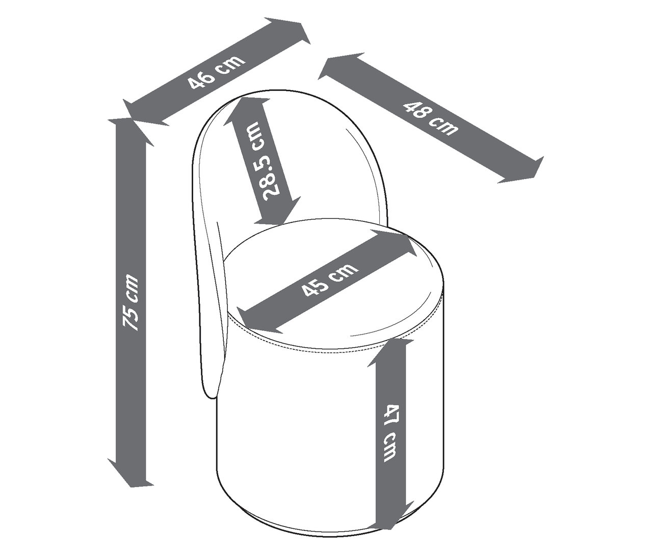 Obrázok otočnej taburetky s chrbtovou opierkou s rozmermi.