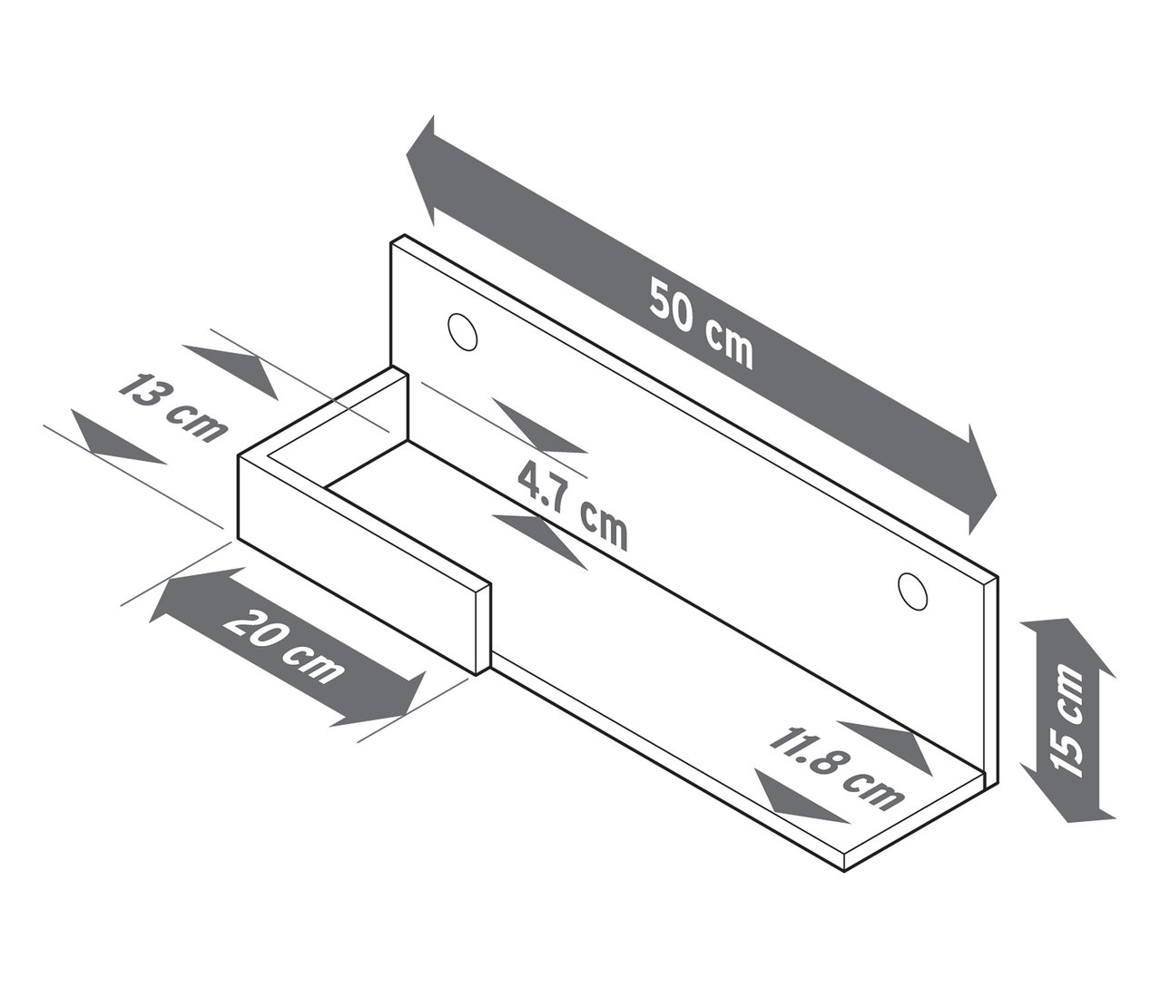 Na obrázku sú rozmery súpravy 3 políc z masívneho dreva.