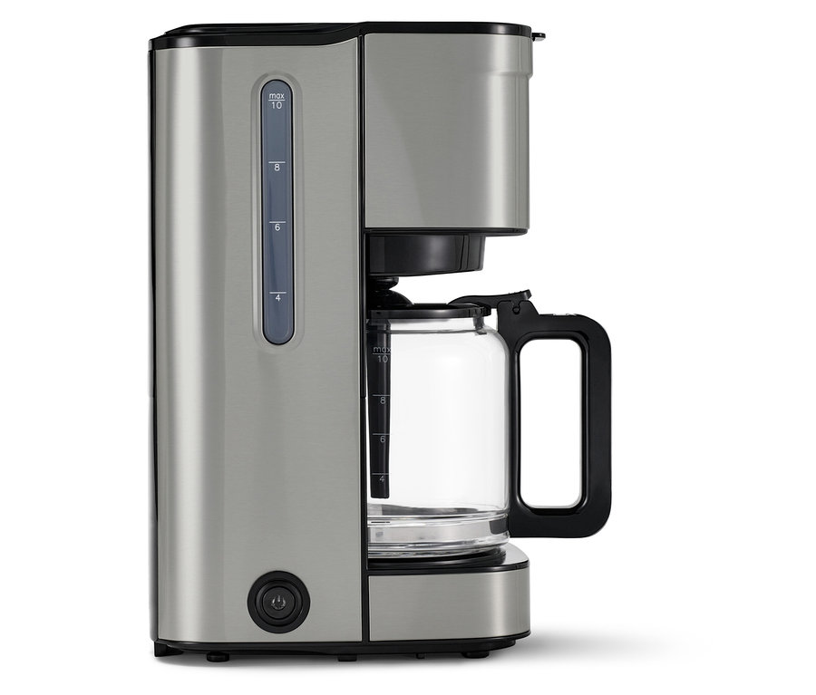 »Let's Brew« kávovar na prekvapkávanú kávu, strieborný. Kávovar má sklenenú kanvicu.