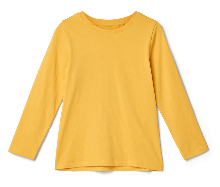 Žlté tričko s dlhým rukávom leží na bielom pozadí.