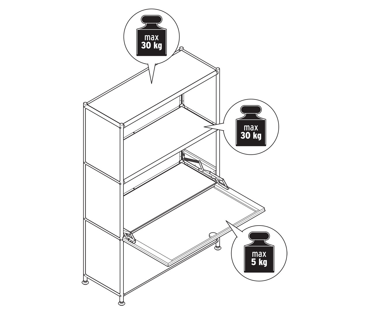 Pohľad zhora na kovovú komodu »CN3 Slim Line« s 2 výklopnými priehradkami, z ktorých je jedna otvorená.