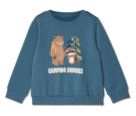 Modrá mikina s potlačou medveďa s batohom, mývala so slnečnými okuliarmi a nápisom "Camping Buddies".