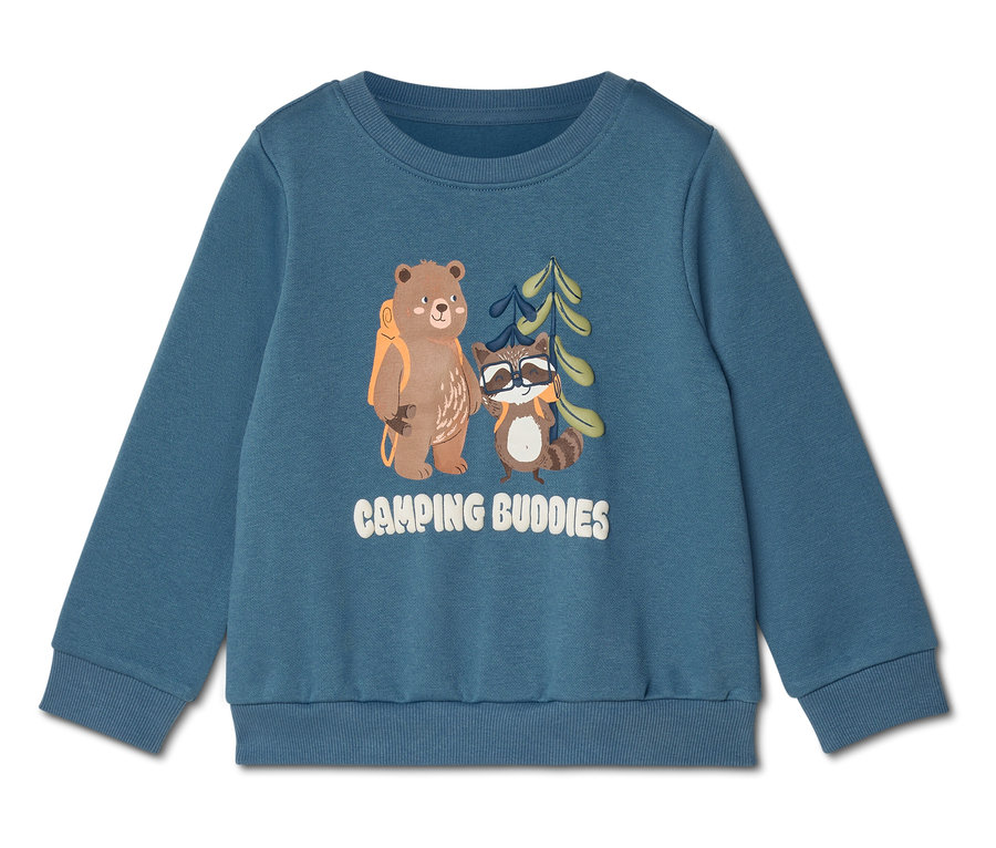 Modrá mikina s potlačou medveďa s batohom, mývala so slnečnými okuliarmi a nápisom "Camping Buddies".