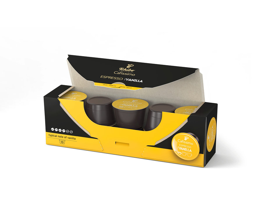 Otvorené, čierno-žlté balenie Cafissimo Flavoured Espresso – Vanilla – 10 kapsúl.