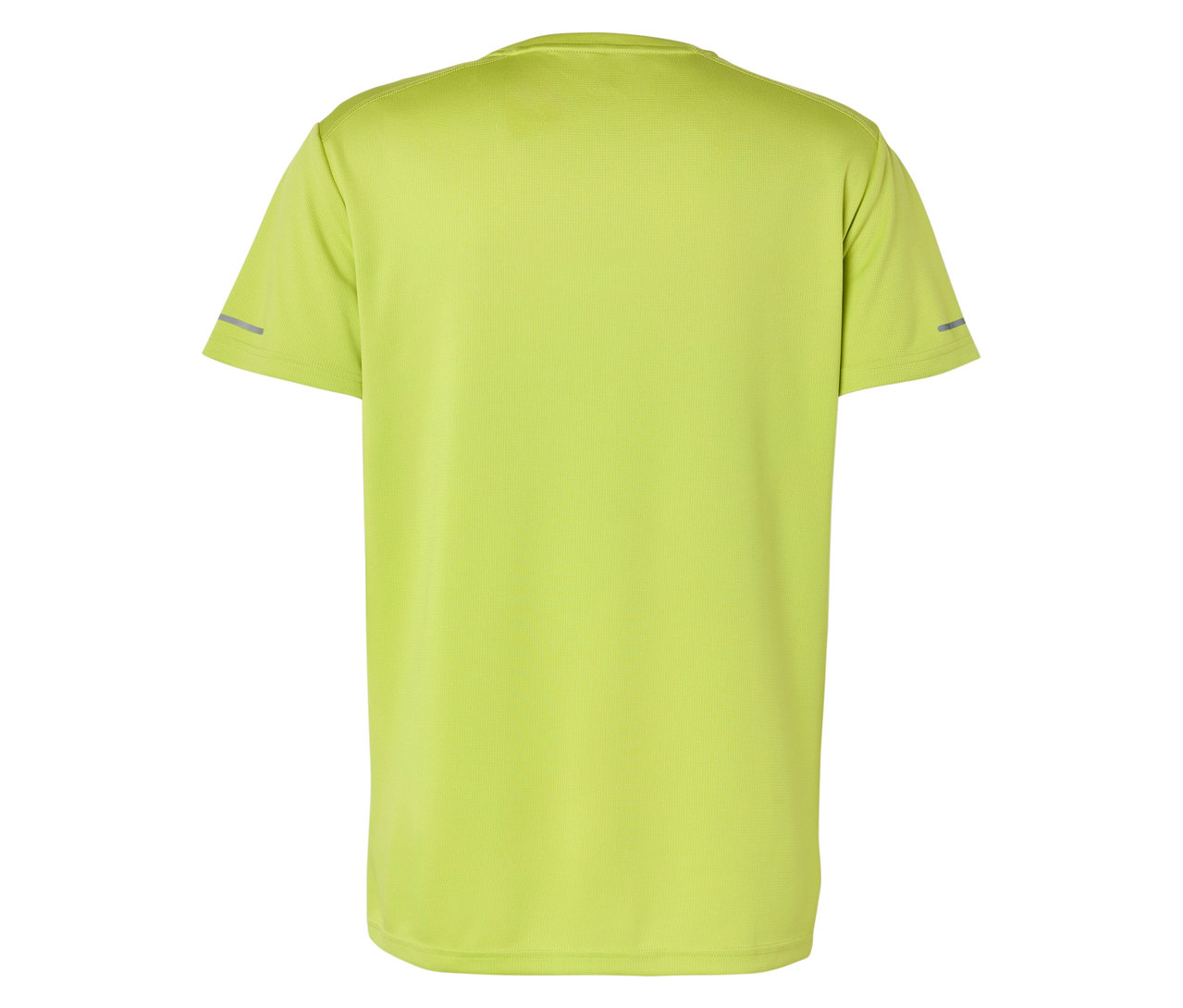 Pohľad zozadu na svetlozelené tričko s krátkym rukávom s reflexnými prúžkami na rukávoch.