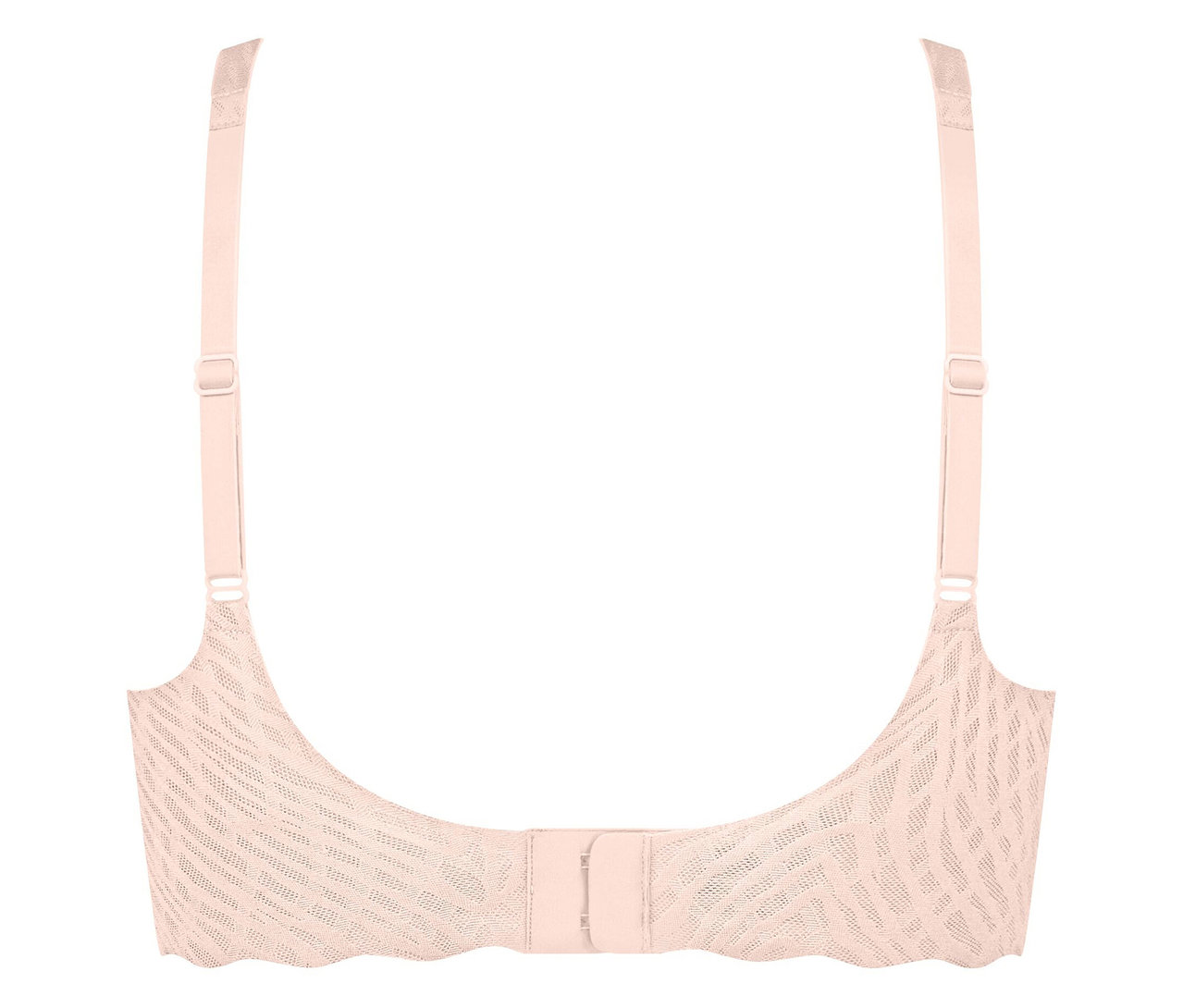 Detailný záber na zadnú časť svetloružovej podprsenky s nastaviteľnými ramienkami a háčikovým zapínaním.