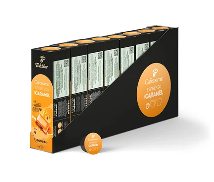 Balenie kapsúl Cafissimo Espresso Caramel, 80 kapsúl v čierno-bielom obale.
