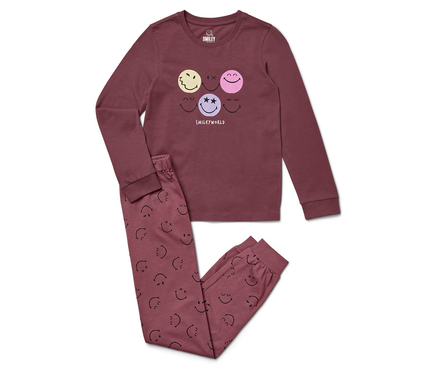 Vínové pyžamo s dlhým rukávom a nohavicami s potlačou smajlíkov.