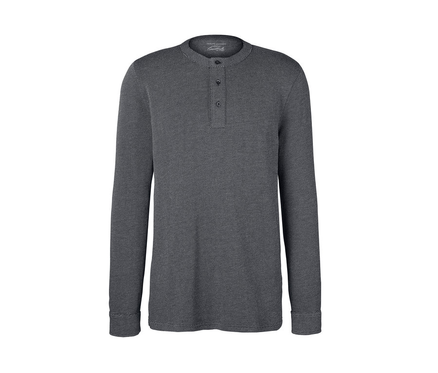 Sivé žakárové tričko henley s dlhými rukávmi a tromi gombíkmi.