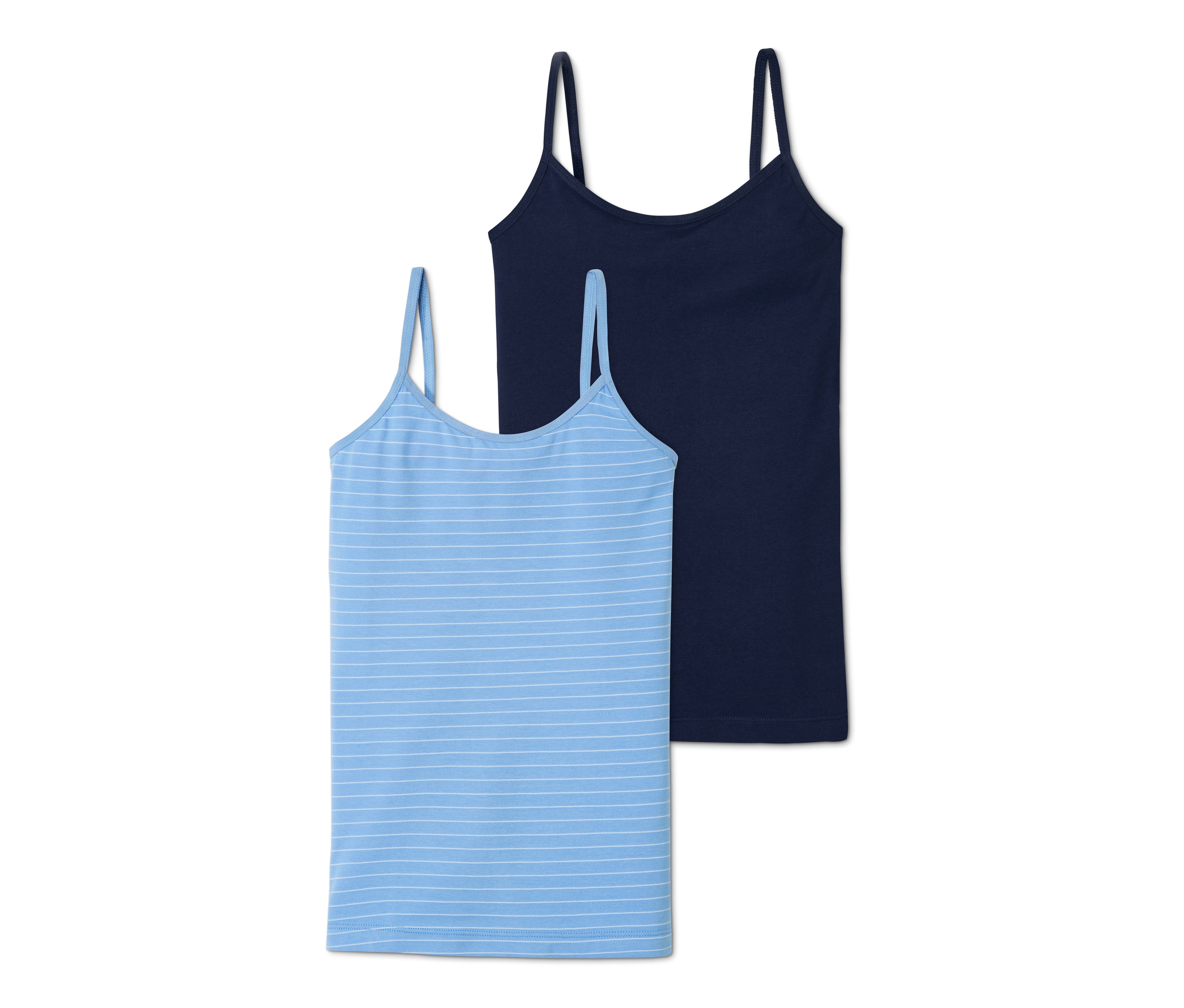 Dve tielka: modré s prúžkami a tmavomodré.