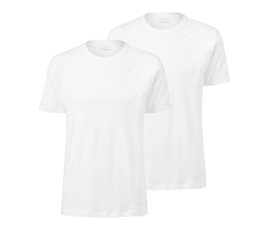 Dve biele tričká s okrúhlym výstrihom.