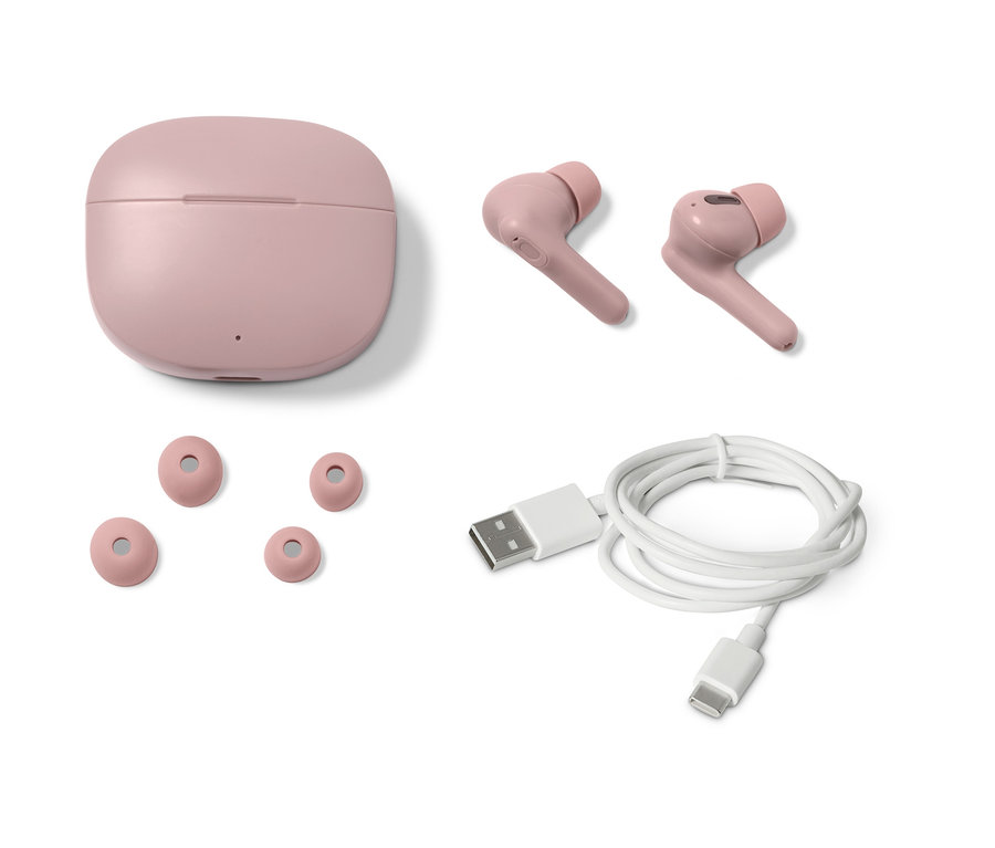 Puzdro, slúchadlá do uší TWS ružovej farby, dva nadstavce a nabíjací kábel.