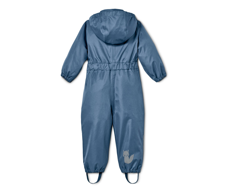 Modrý overal do dažďa s kapucňou a reflexným logom líšky na nohavici.