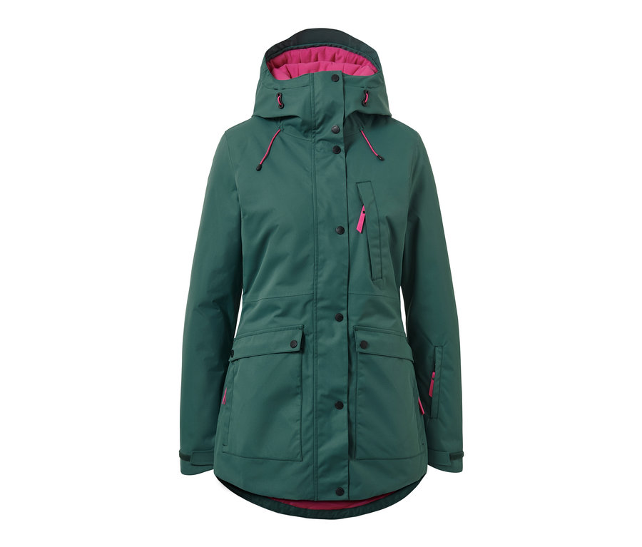 Zelená lyžiarska a snoubordová bunda s kapucňou a ružovou podšívkou.