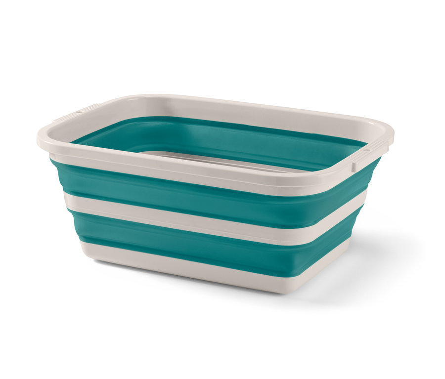 Skladací kôš na bielizeň a pranie v tyrkysovej a krémovej farbe.