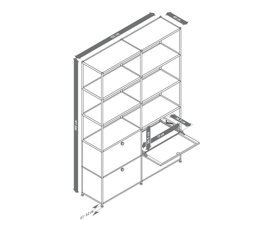 Náčrt vysokej kovovej skrinky »CN3« so 4 výklopnými priečinkami, jeden je otvorený.
