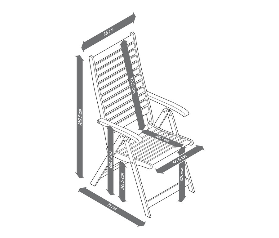 Nákres stoličky z tíkového dreva s vysokým nastaviteľným operadlom a vyznačenými rozmermi.