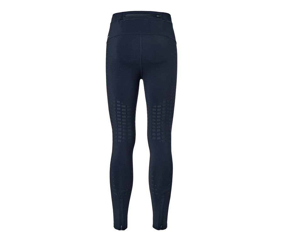 Tmavo modré bežecké legínsy zozadu s geometrickým vzorom a zipsami na členkoch.