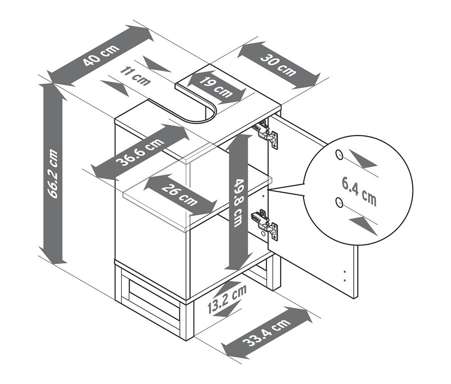 Nákres malej umývadlovej skrinky s dvierkami a vyznačenými rozmermi.