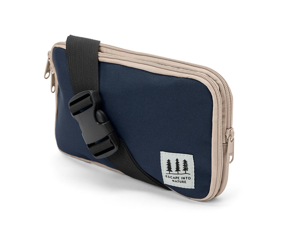 Modrá multifunkčné puzdro s čiernym popruhom a béžovými zipsami.