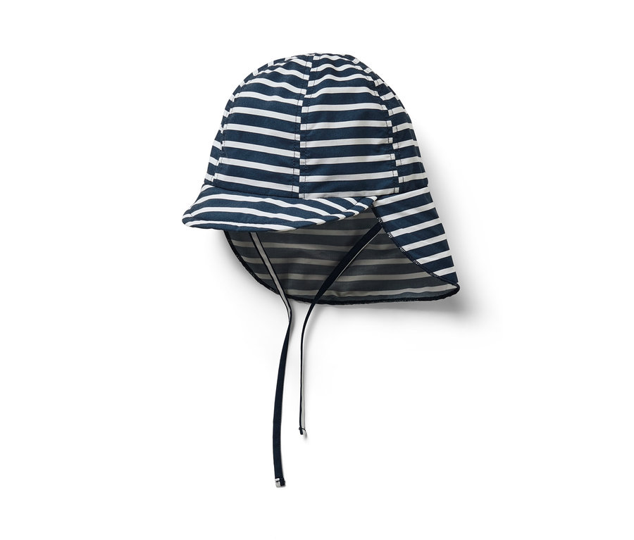 Detská čiapka proti slnku s prúžkami a UV faktorom 80.