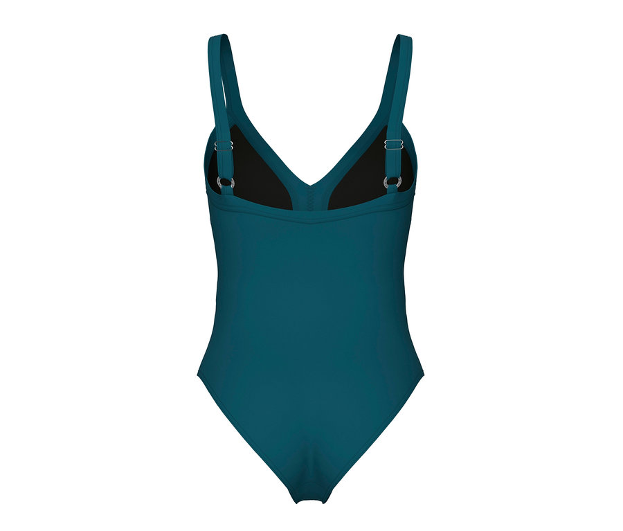 Detailný pohľad zozadu na dámske plavky arena Shapewear Lara C-Cup v petrolejovej farbe.