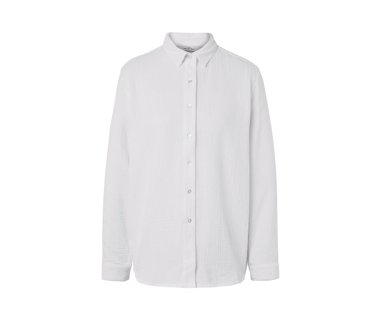 Biela mušelínová blúzka s dlhými rukávmi a gombíkmi.