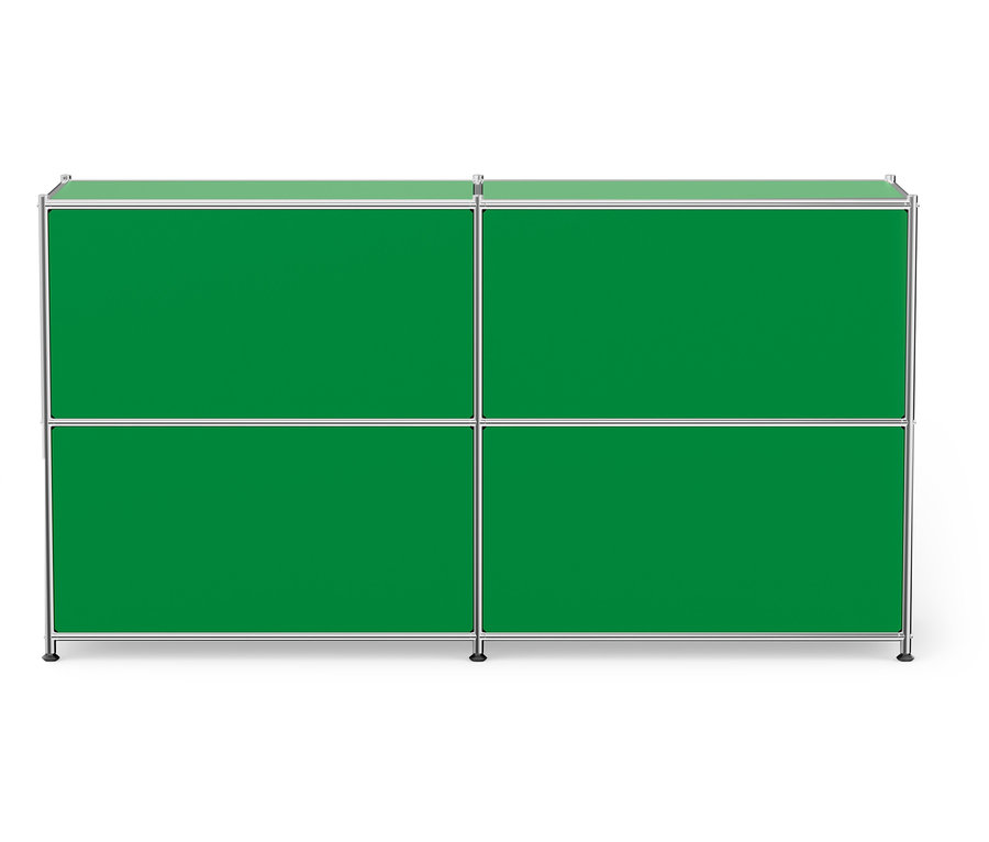 Zelená modulárna skrinka so štyrmi priehradkami a strieborným rámom.