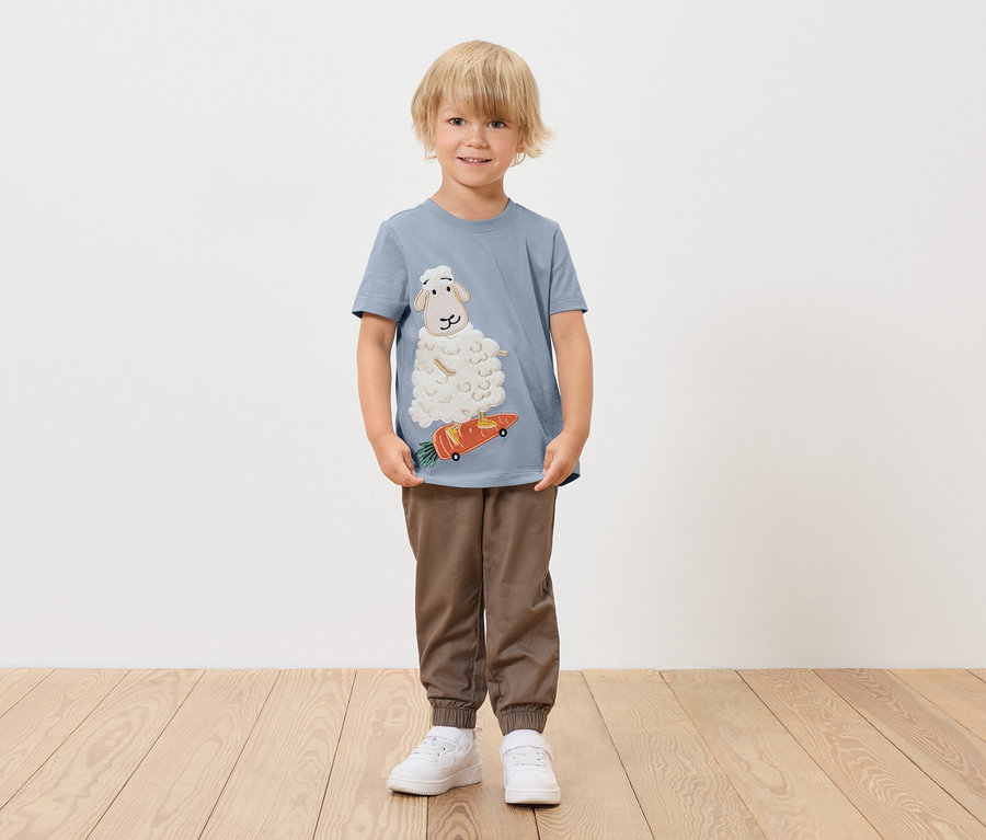 Chlapec v modrom tričku s potlačou ovce na skateboarde v tvare mrkvy.