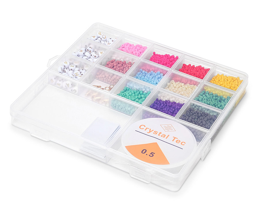 DIY-Perlen-Set v priehľadnom plastovom organizéri.