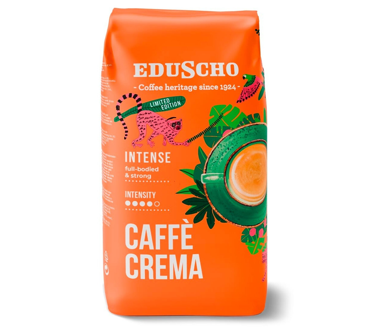 Oranžové balenie zrnkovej kávy Eduscho Caffè Crema Intense s obrázkom šelmy a šálky kávy.