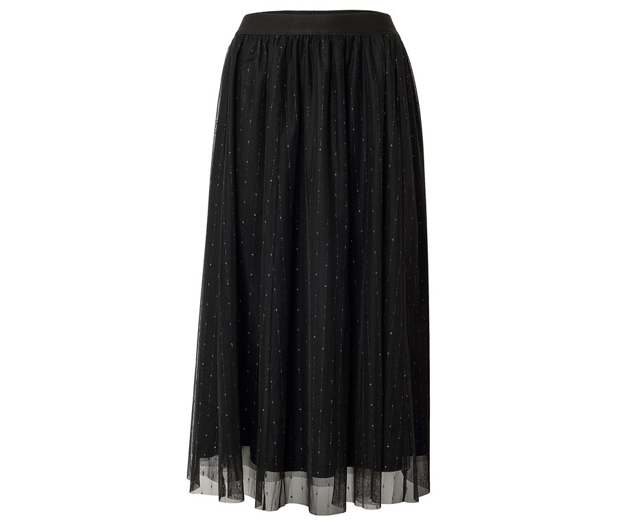 Čierna dlhá tylová sukňa s elastickým pásom a jemnými striebornými detailmi.