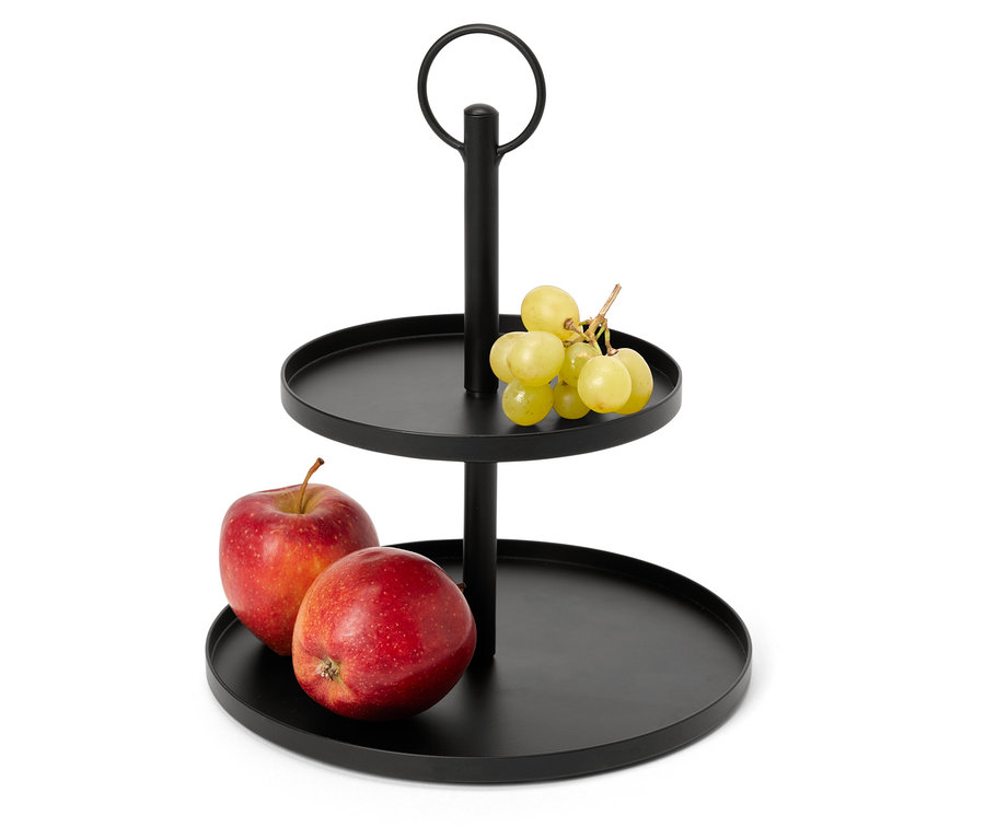 Čierna dvojposchodová etagera s jablkami a hroznom.