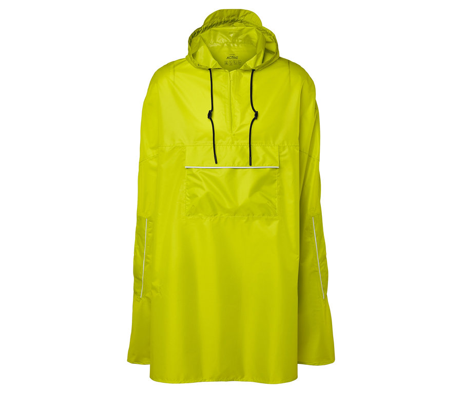 Žlté pončo s kapucňou, sťahovacou šnúrkou a vreckom na hrudi.