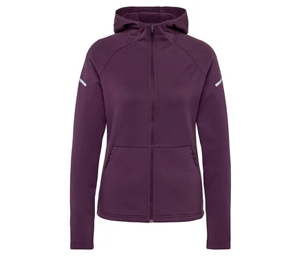 Fialová mikina s kapucňou na zips s reflexnými detailmi na rukáve.