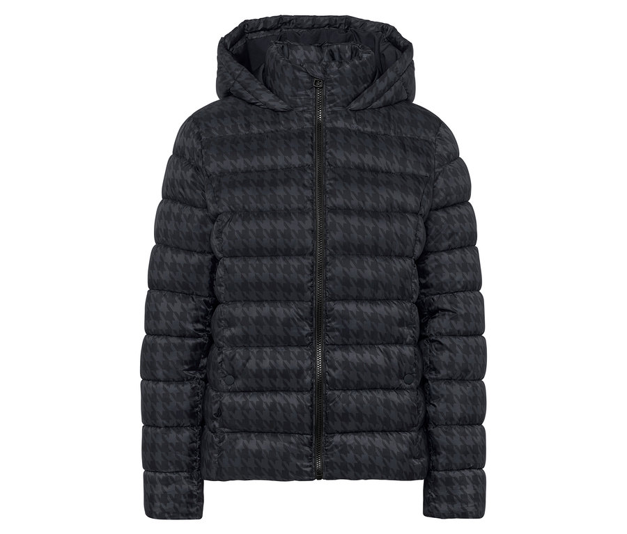 Čierna páperová bunda s kapucňou so vzorom kohútej stopy.