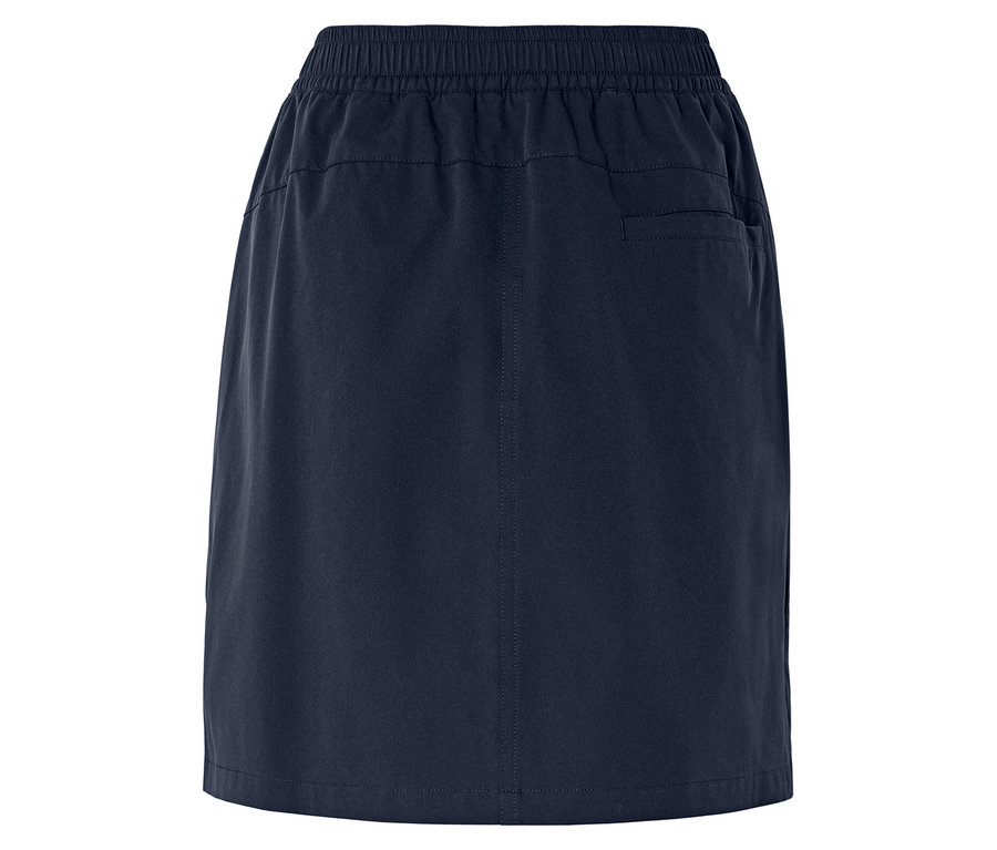 Detailný záber na tmavomodrú sukňu s elastickým pásom a zadným vreckom.