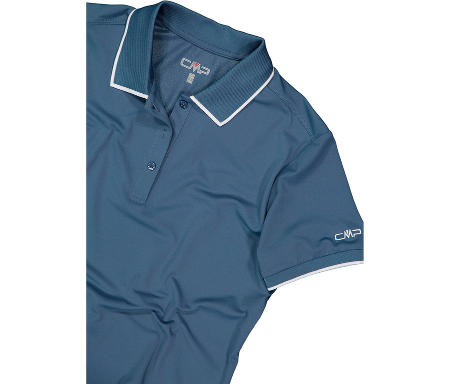 Modré polokošeľa s bielymi akcentmi na golieri a rukávoch.