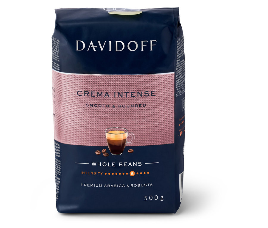 Tmavomodré balenie kávy Davidoff Crema Intense Whole Beans, 500g.