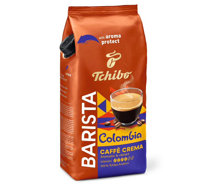 Vidieť balenie zrnkovej kávy BARISTA Origins Colombia - 1 kg s ochranou arómy a logom Tchibo.