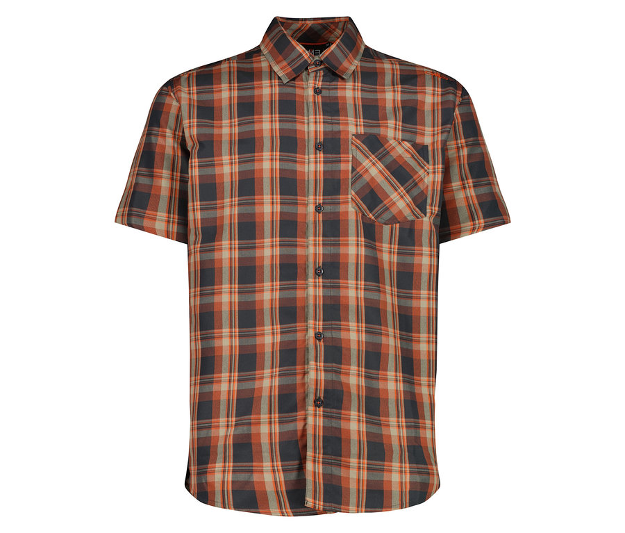 Vidieť pánsku košeľu s krátkym rukávom CMP s károvaným vzorom v oranžovej, sivej a čiernej farbe.